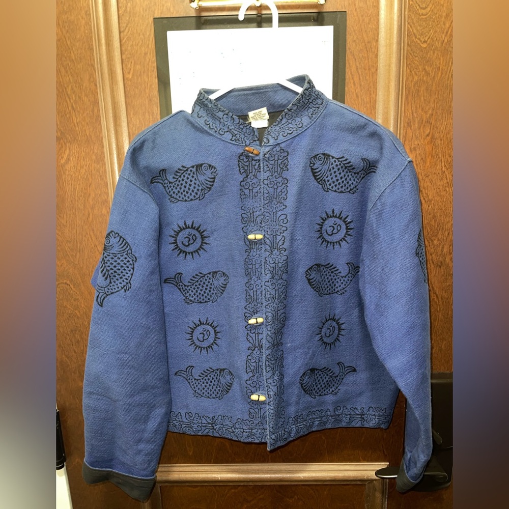 Ganesh Himal Asian Inspired Blue Woman’s Jacket with Fish & Sun Design Sz Large
